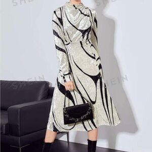 MOTF Premium Velvet Mock Neck Full Sleeve Midi A-line Gathered Dress